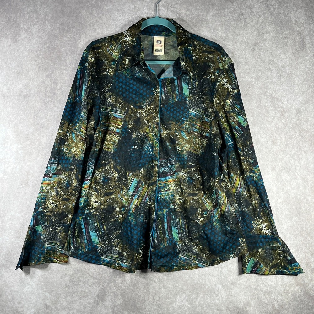 Vintage Faded Glory Blouse Womens 18W/20W Blue Print Button Up Long Sleeves Boho